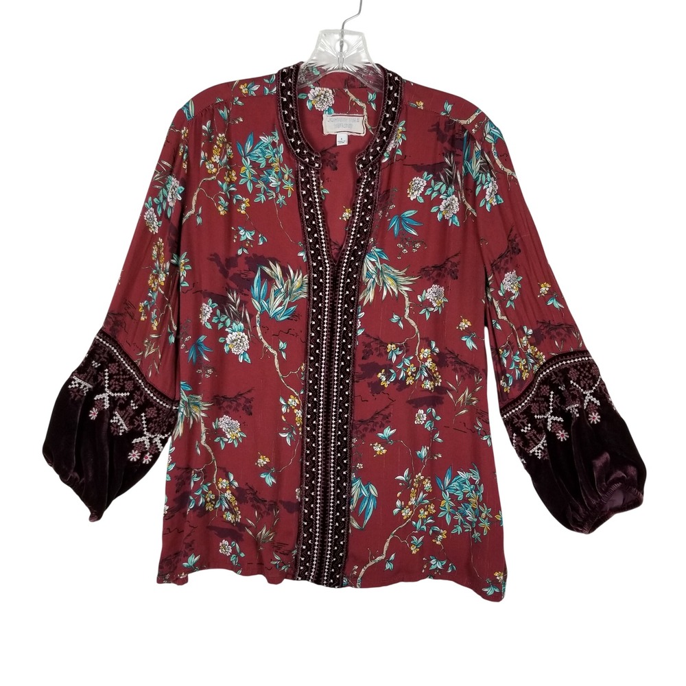 Johnny Was Workshop Blouse Women Small Burgundy Floral Velvet Trim W12219A9